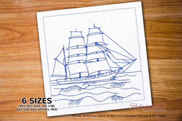 Barque Ship in the Sea Redwork
