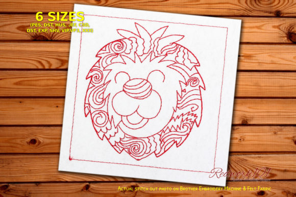 Lion Head with Floral Pattern Redwork